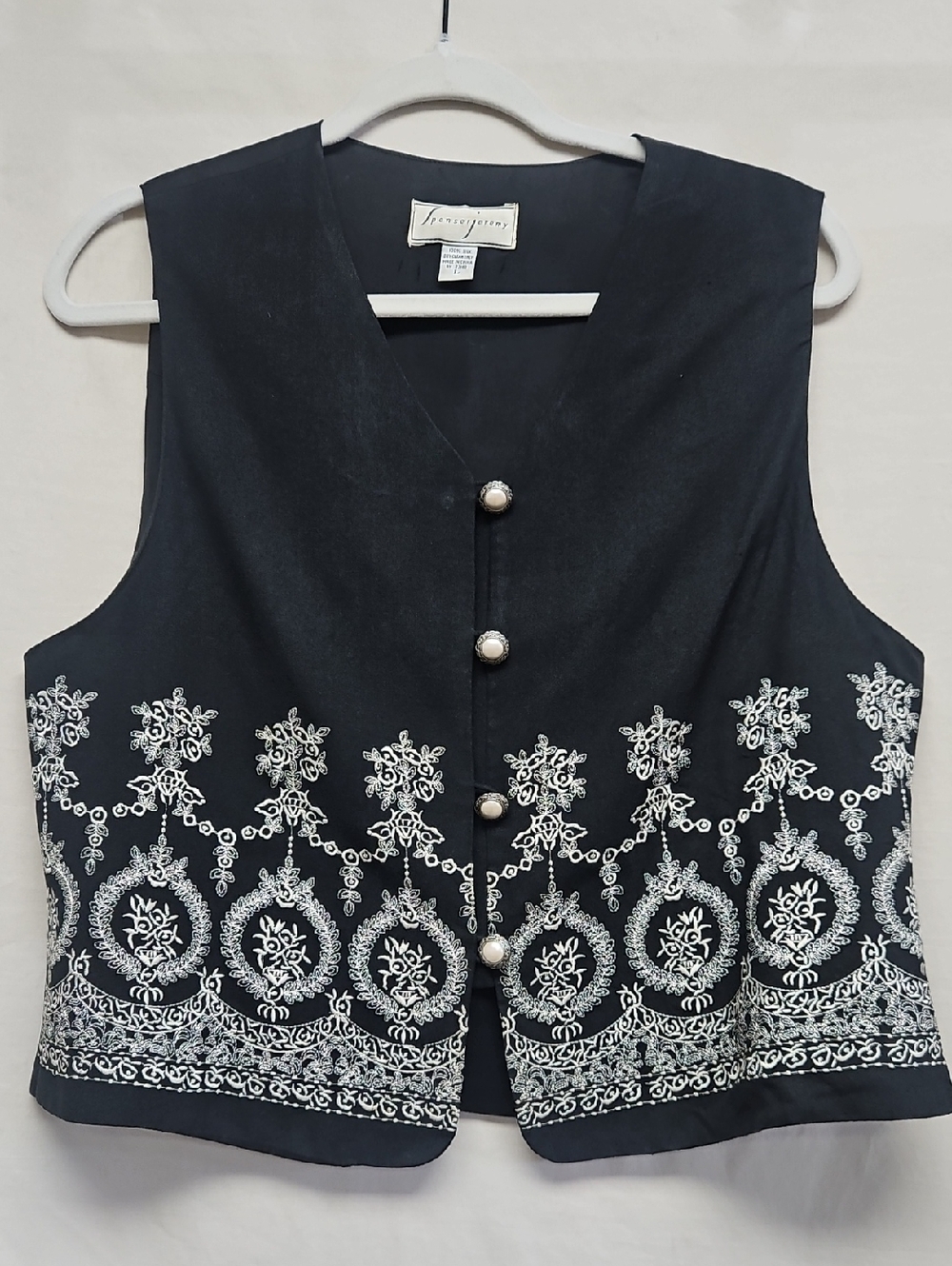Vintage Spenser Jeremy 100% Silk Vest L Black White Embroidered Waistcoat 90s